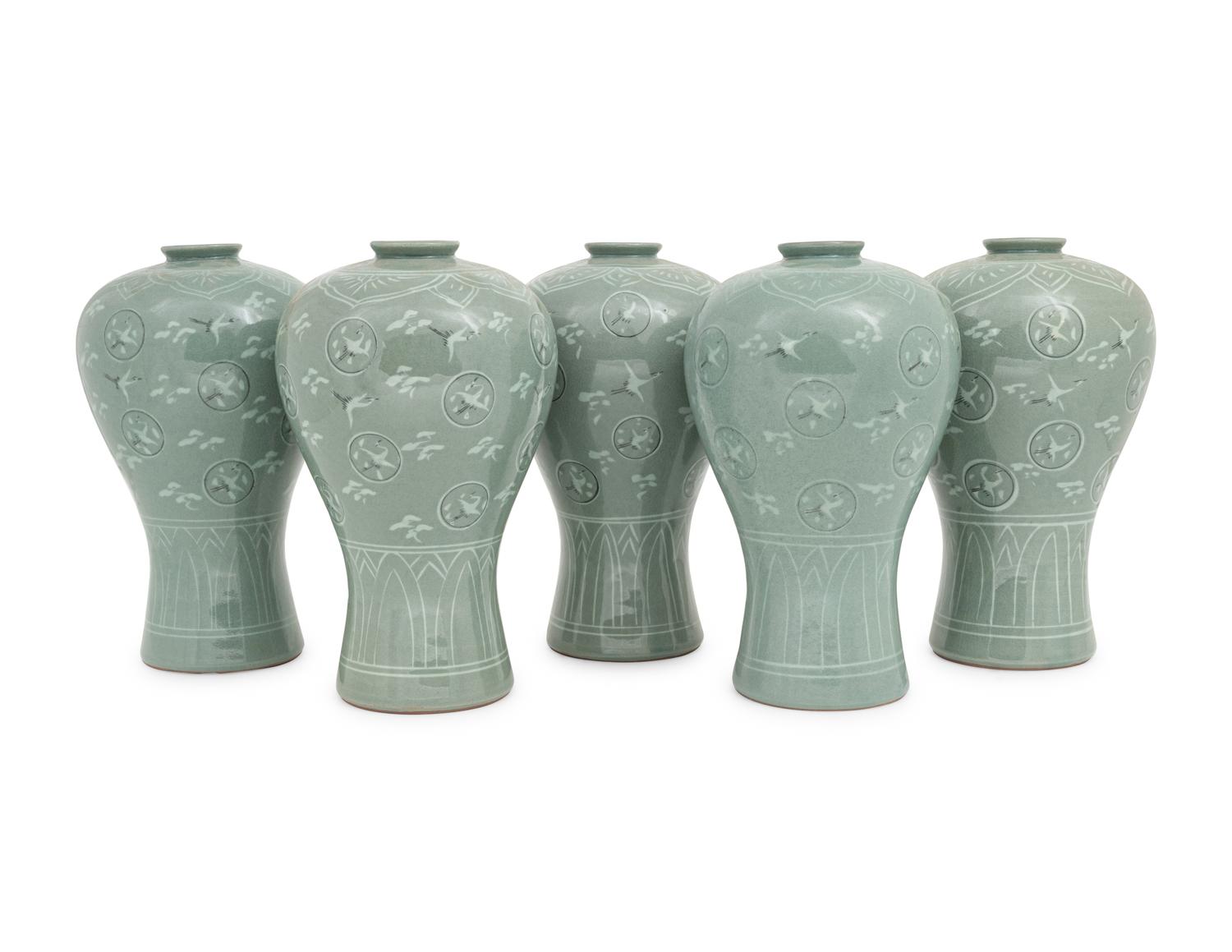 Five Korean Celadon Ground Porcelain 'Crane and Cloud' MaeByong Vases