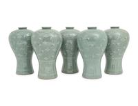 Five Korean Celadon Ground Porcelain 'Crane and Cloud' MaeByong Vases