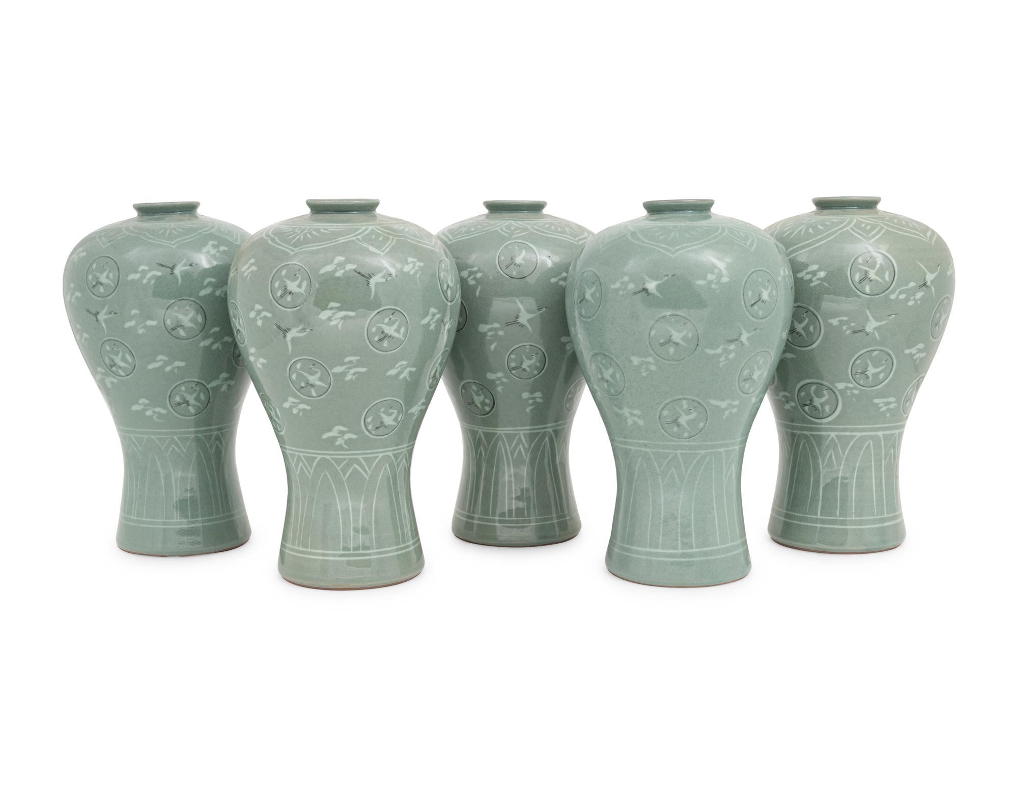 Five Korean Celadon Ground Porcelain 'Crane and Cloud' MaeByong Vases
