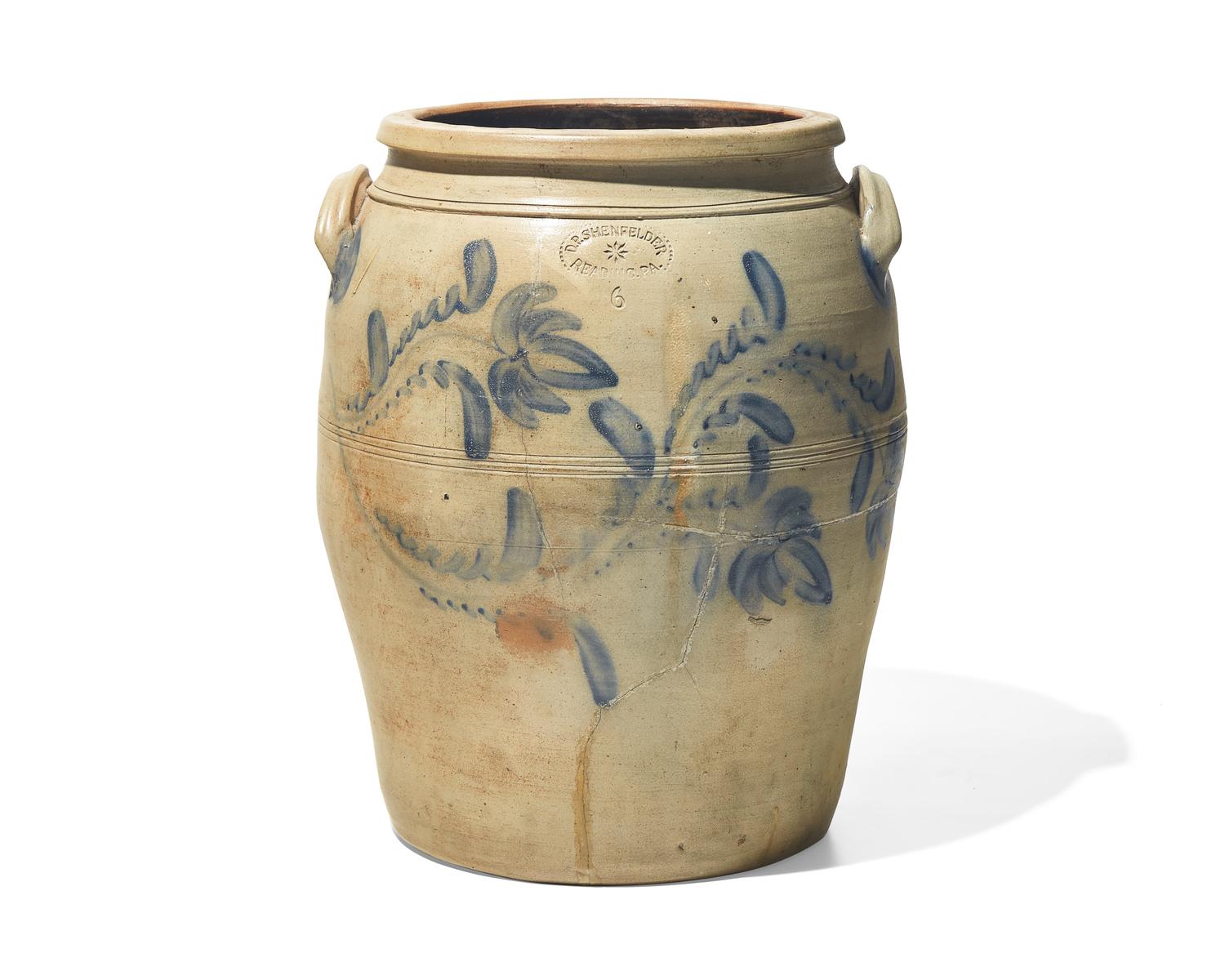 A Six-Gallon Cobalt-Decorated Stoneware Crock, Marked "D.P. Shenfelder, Reading, PA," Circa 1875