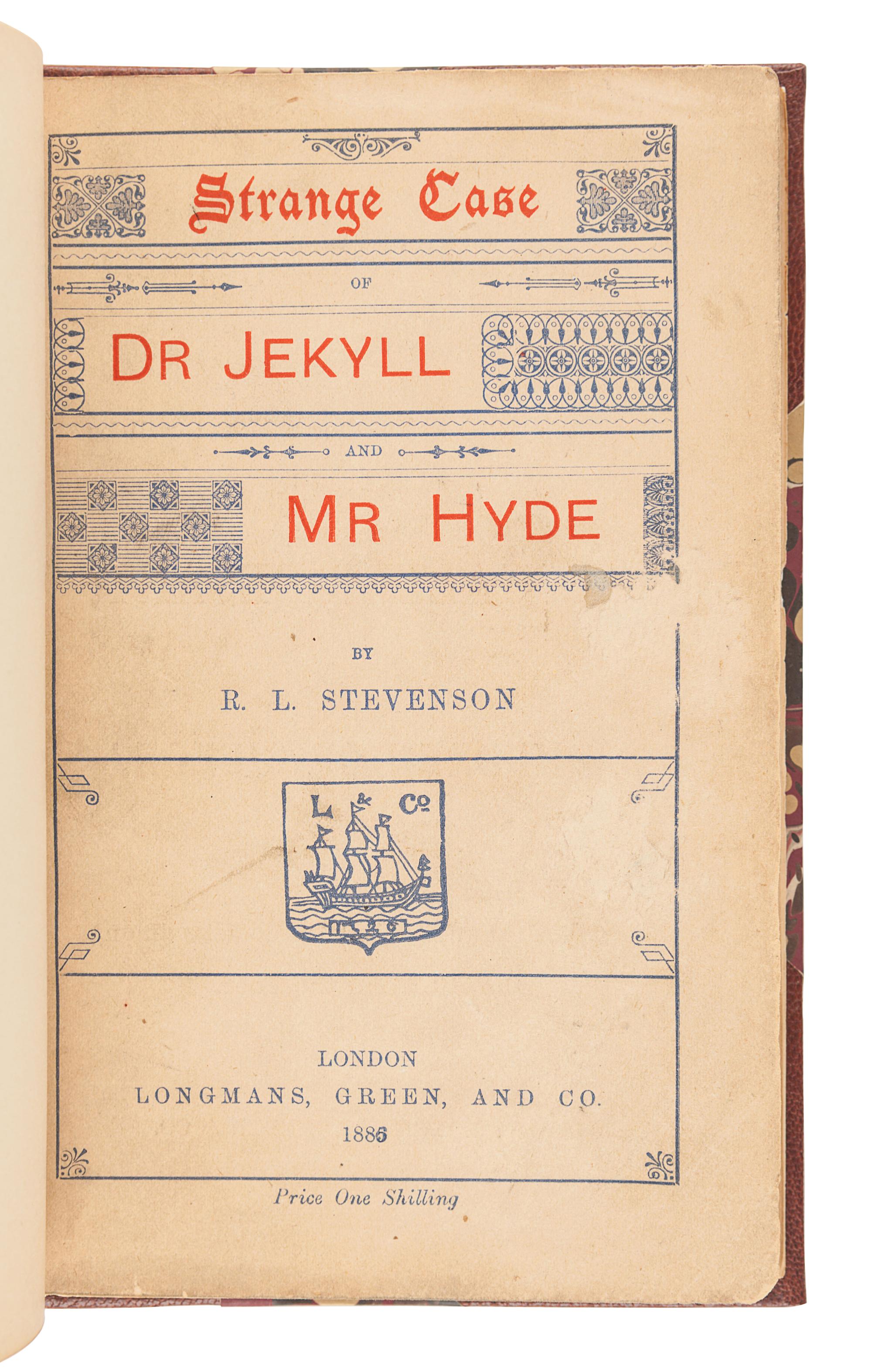 STEVENSON, Robert Louis (1850-1894). Strange Case of Dr Jekyll and Mr Hyde . London: Longmans, Green, and Co., 1886.