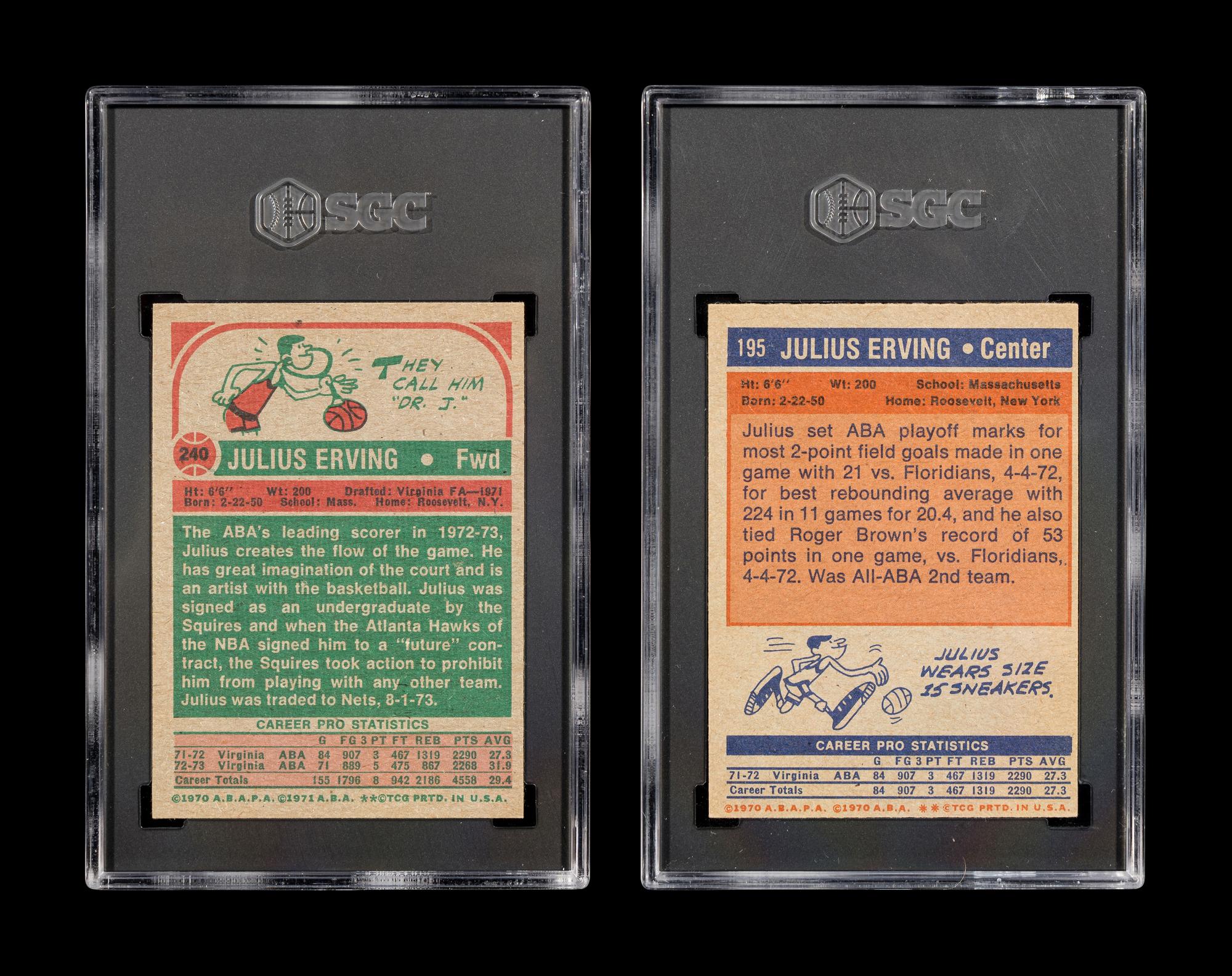 A 1972 Topps Julius Erving Rookie Basketball Card No. 195 (SGC 6.5 EX-NM+) and 1973 Topps All-Star Card No. 240 (SGC 6.5 EX-NM+)