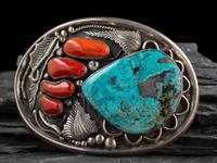 Large Navajo Silver, Coral, and Turquoise Belt Buckle