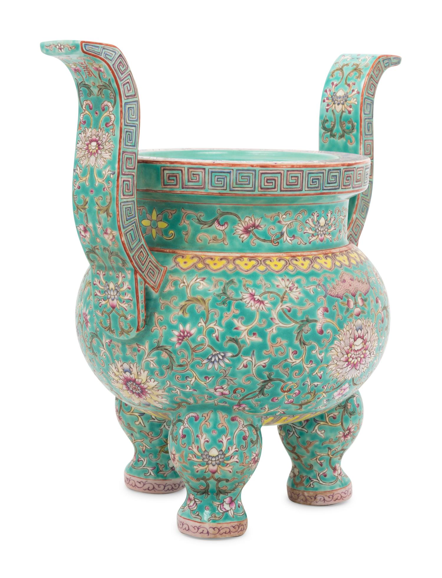 A Turquoise Ground Famille Rose Porcelain Incense Burner