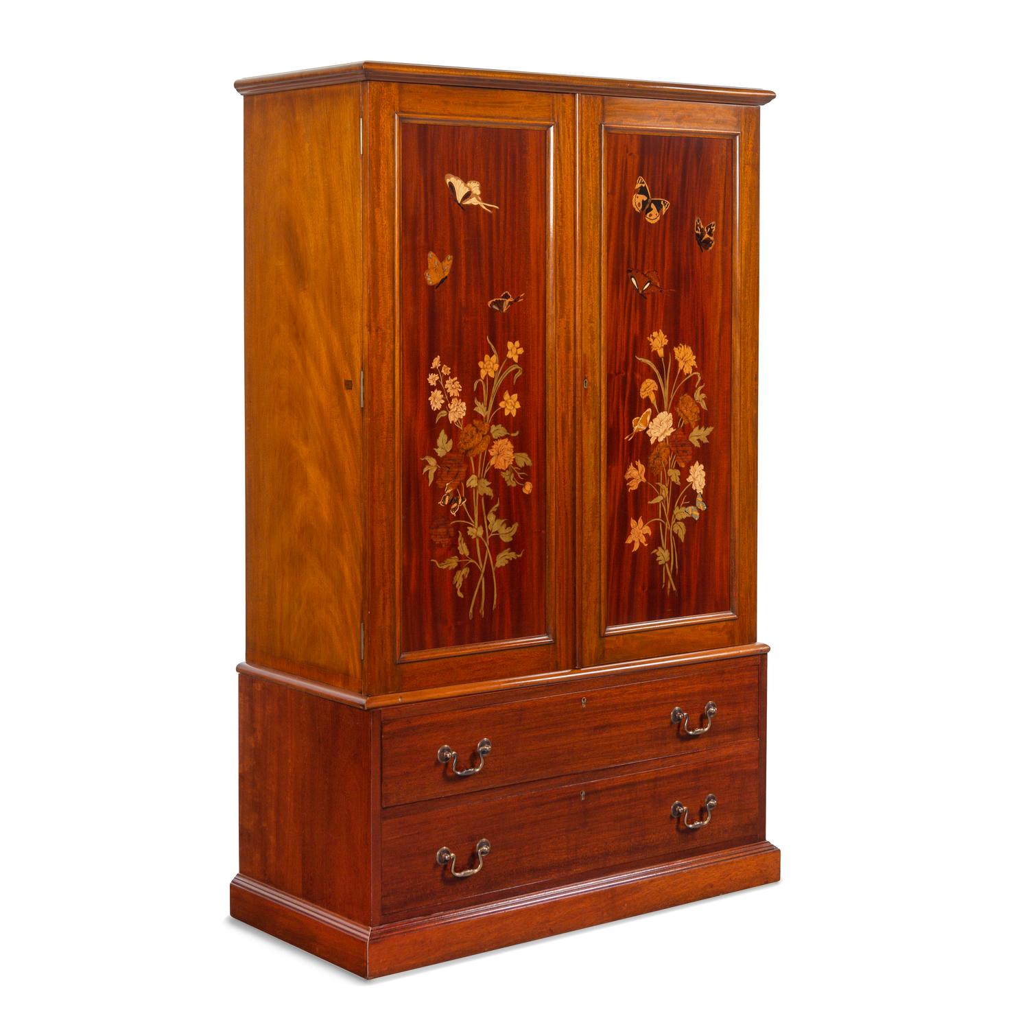 An English Mahogany and Marquetry Butterfly Collector's Cabinet with a Collection of Specimens