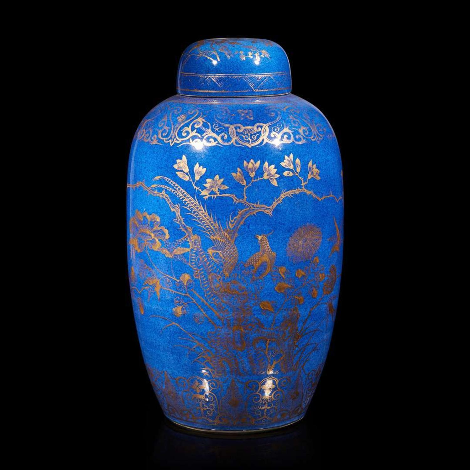 A Chinese powder blue and gilt decorated ovoid jar and cover 灑藍地描金蓋罐