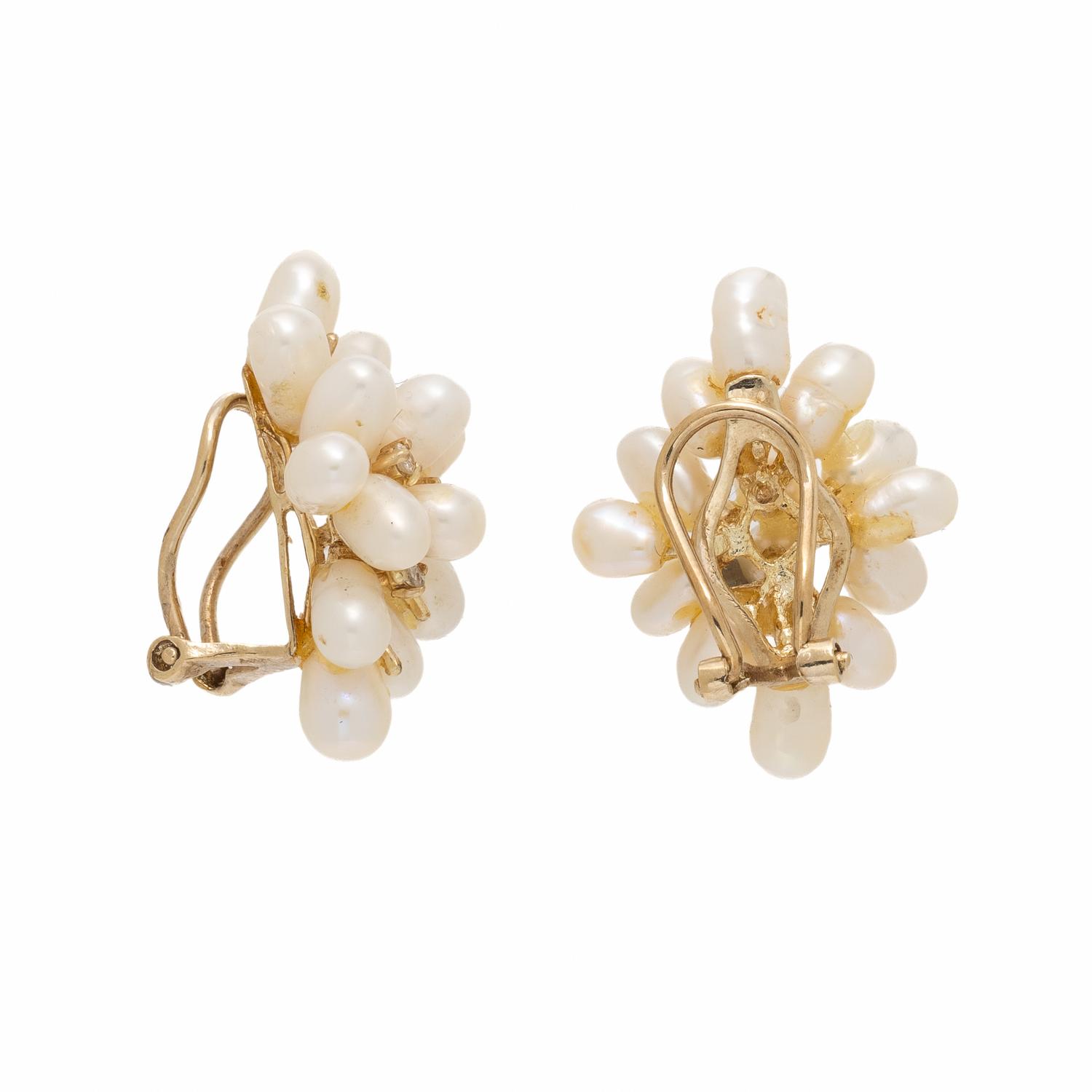 Cultured Pearl, Diamond, and Yellow Gold Cluster Earrings