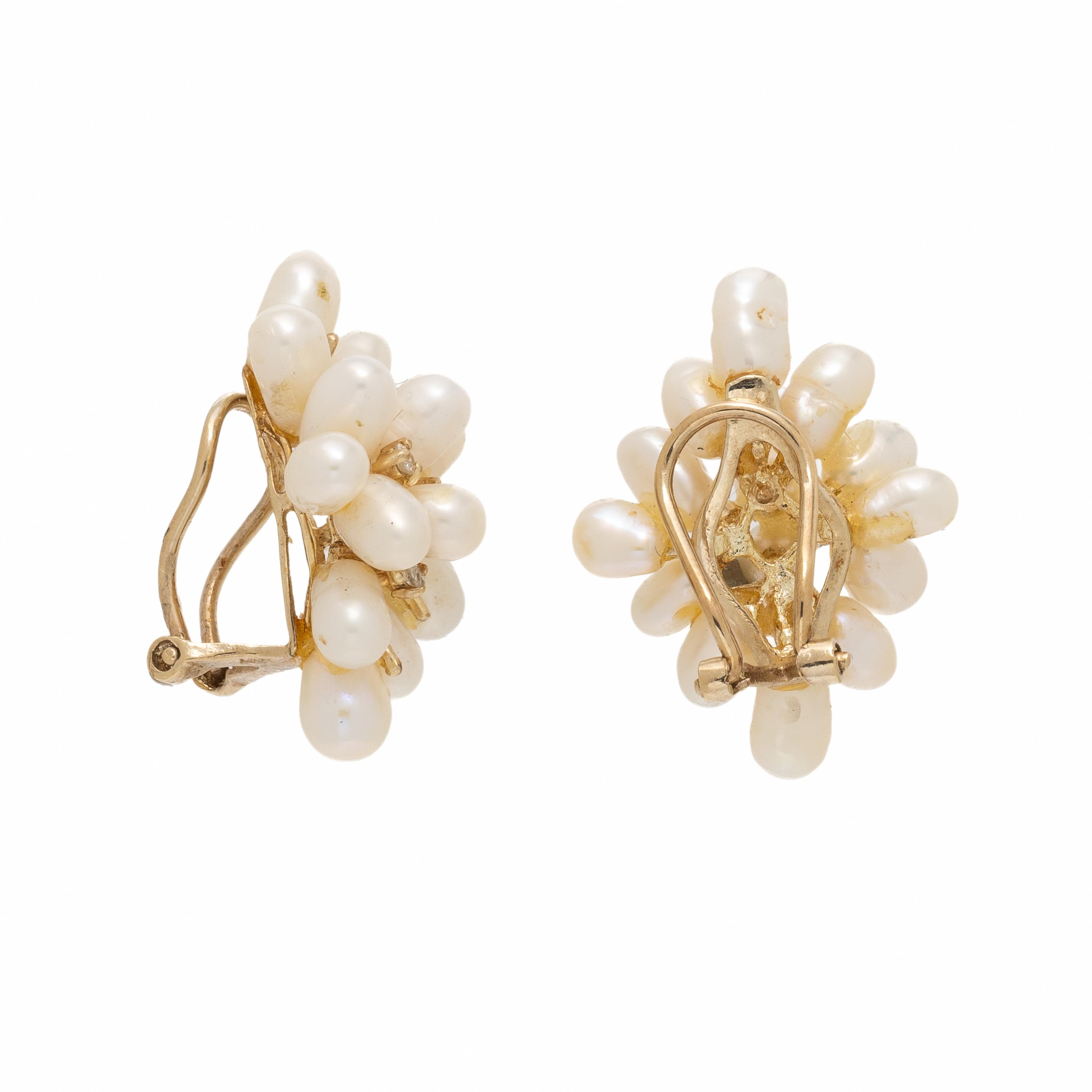 Cultured Pearl, Diamond, and Yellow Gold Cluster Earrings