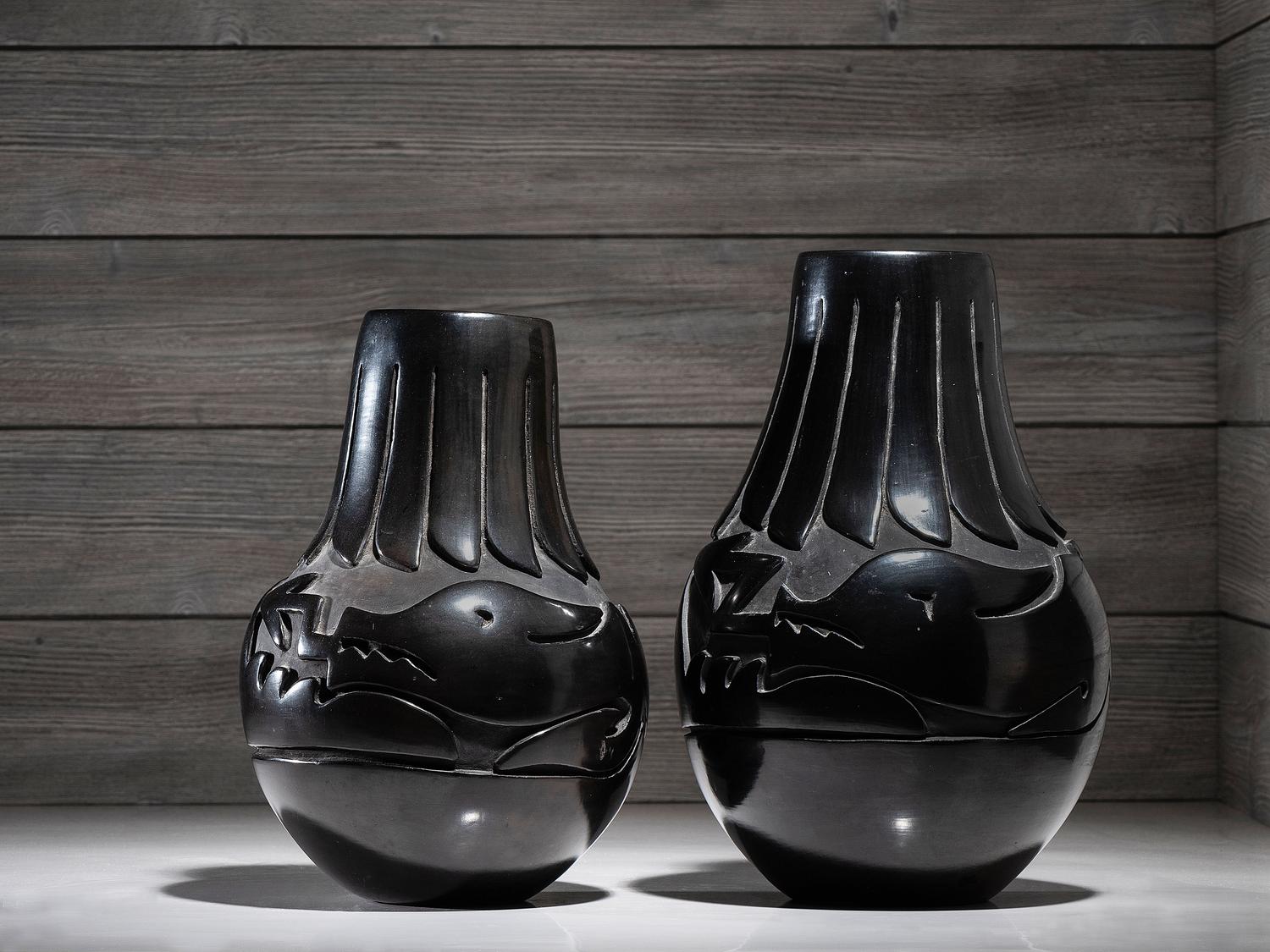 Pair of Carved Blackware Pottery Vases