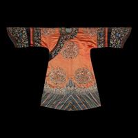 A Chinese Apricot Ground Embroidered 'Peony and Butterfly' Silk Semi-Informal Lady's Robe, Jifupao, late 18th/19th Century 清中期 杏子緞繡八團蝶戀花吉服袍