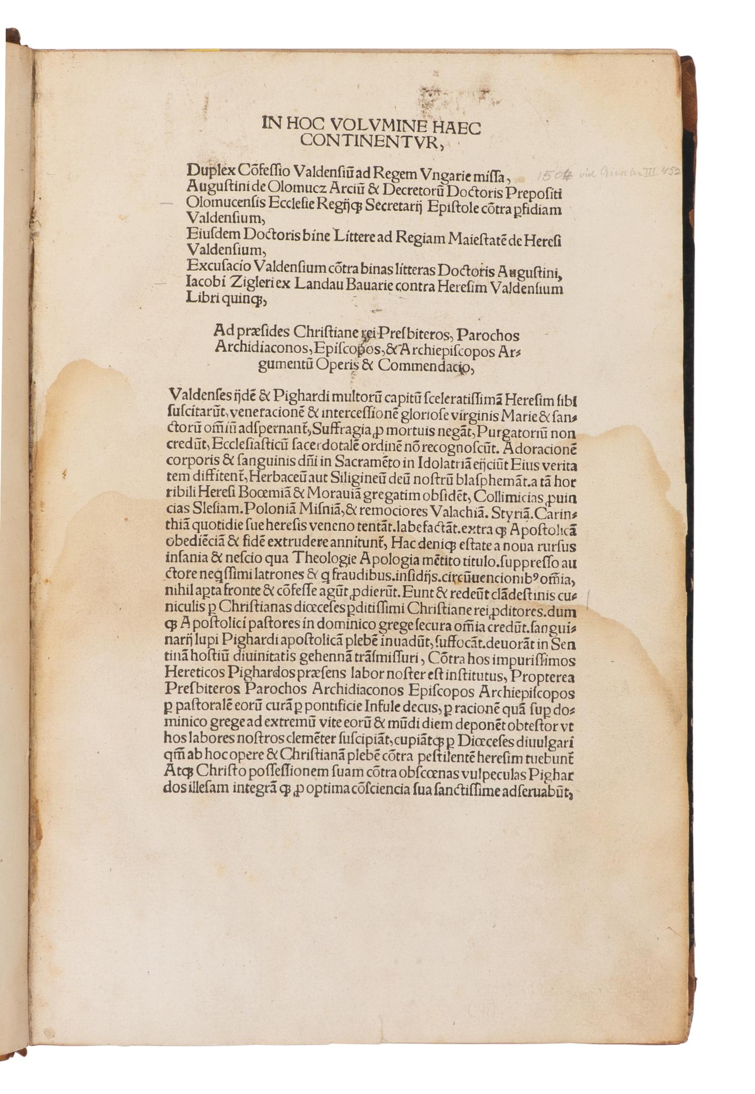 ZIEGLER, Jacob (1470-1549). Duplex Confessio Valdensium ad Regem Ungariae missa . Leipzig: Melchior Lotter for Heinrich Kuna, 1512.