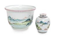 Two Famille Rose Porcelain Articles Height of cachepot 7 3/4 inches. — 20TH CENTURY