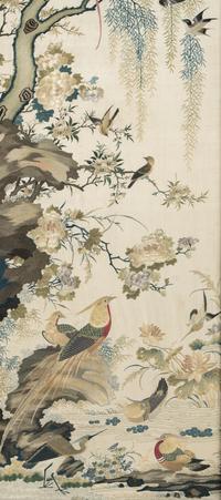 A Beige Ground Canton Style Embroidered Silk Panel