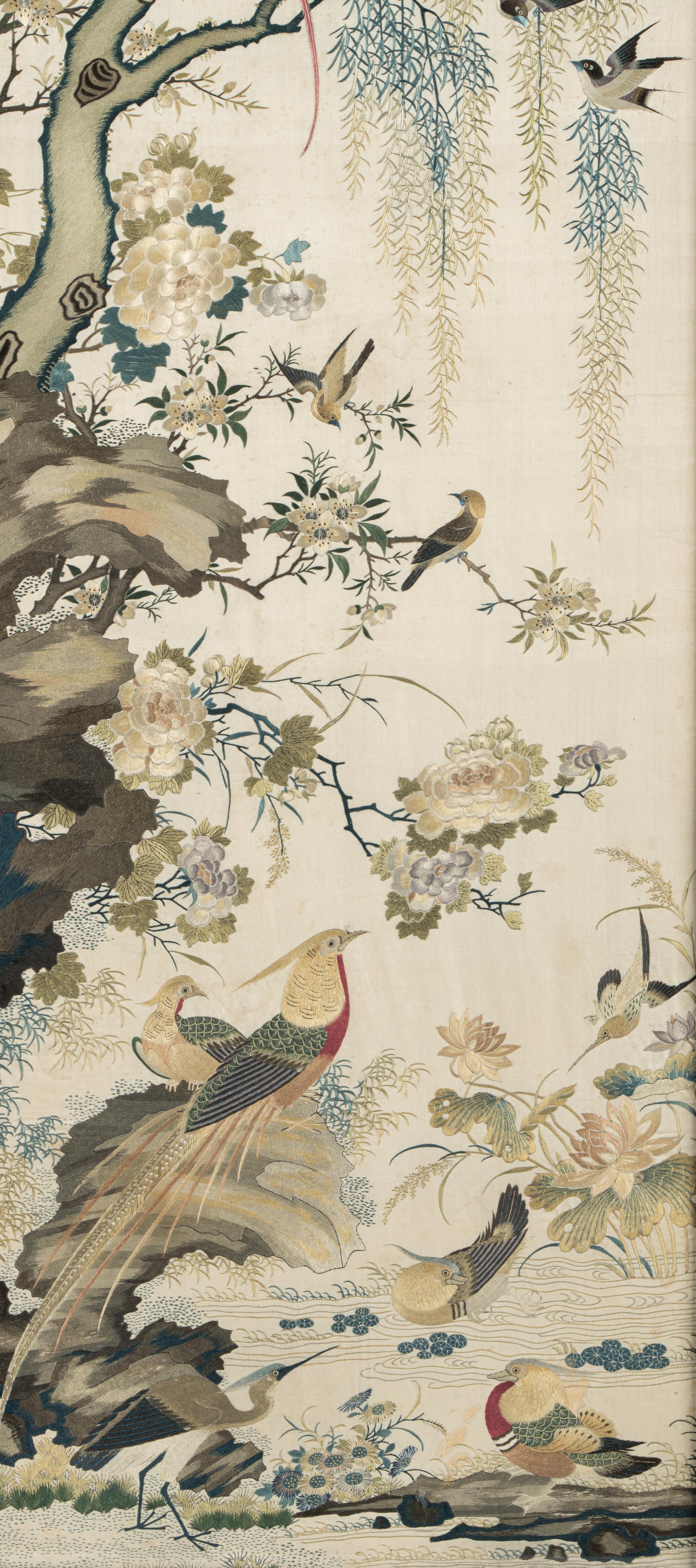 A Beige Ground Canton Style Embroidered Silk Panel