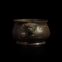 A Chinese "Gold-Splashed" Patinated Bronze Censer 灑金銅獅耳爐