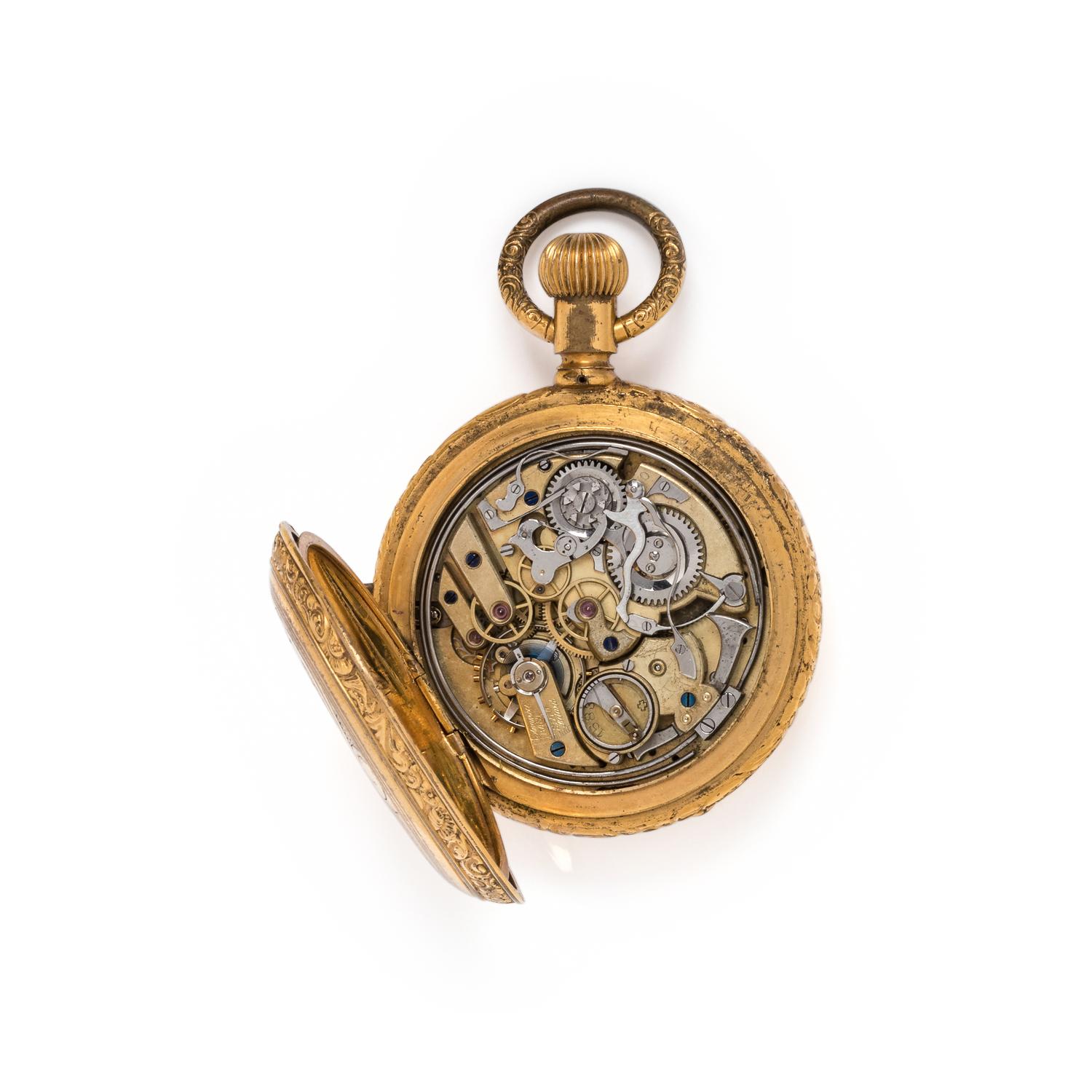 YELLOW GOLD QUARTER REPEATER DAY DATE MOON PHASE HUNTER CASE POCKET WATCH