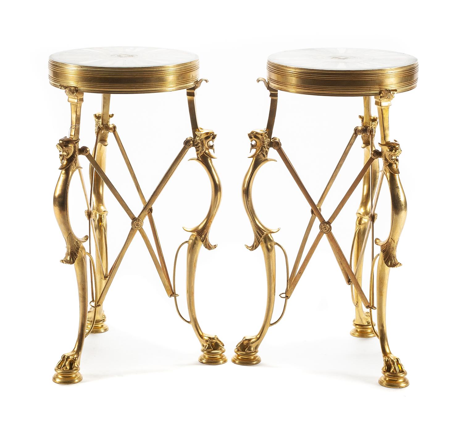 A Pair of French Neoclassical Style Gilt Bronze and Specimen Marble Gueridons Height 27 x diameter of top 15 inches.