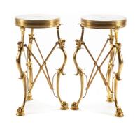 A Pair of French Neoclassical Style Gilt Bronze and Specimen Marble Gueridons Height 27 x diameter of top 15 inches.