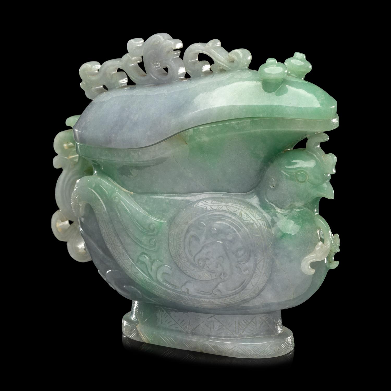 A Chinese Apple Green and Lavender Jadeite 'Phoenix' Covered Gong Vessel, Late 19th-20th Century 晚清-民國 翡翠鳳紋觥