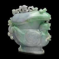 A Chinese Apple Green and Lavender Jadeite 'Phoenix' Covered Gong Vessel, Late 19th-20th Century 晚清-民國 翡翠鳳紋觥
