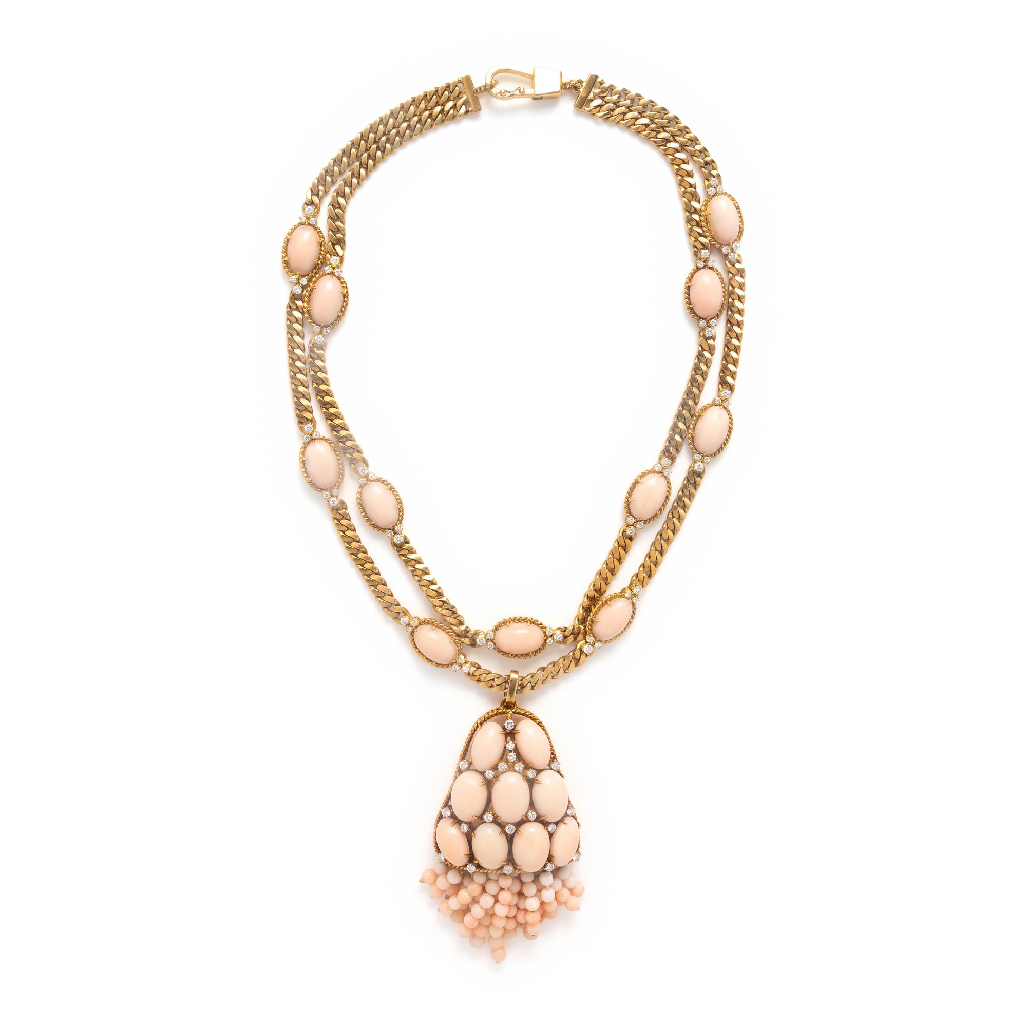 Coral, Diamond, and Yellow Gold Necklace