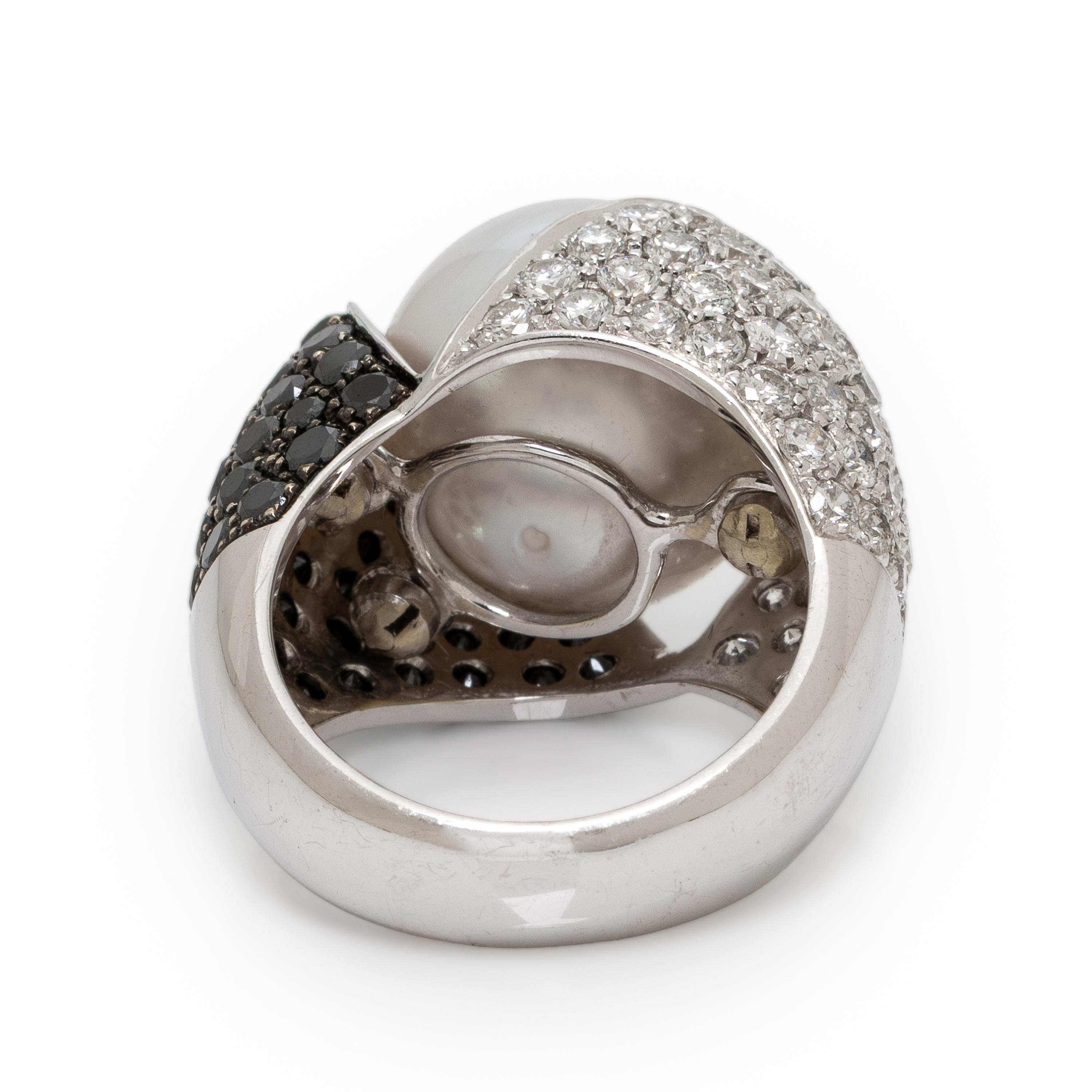 Cultured Pearl, Diamond, and Black Diamond Ring