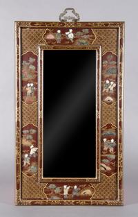 A Chinese Lacquered and Mother-of-Pearl Inset Mirror, Height 26 1/2 x width 15 3/4 inches.