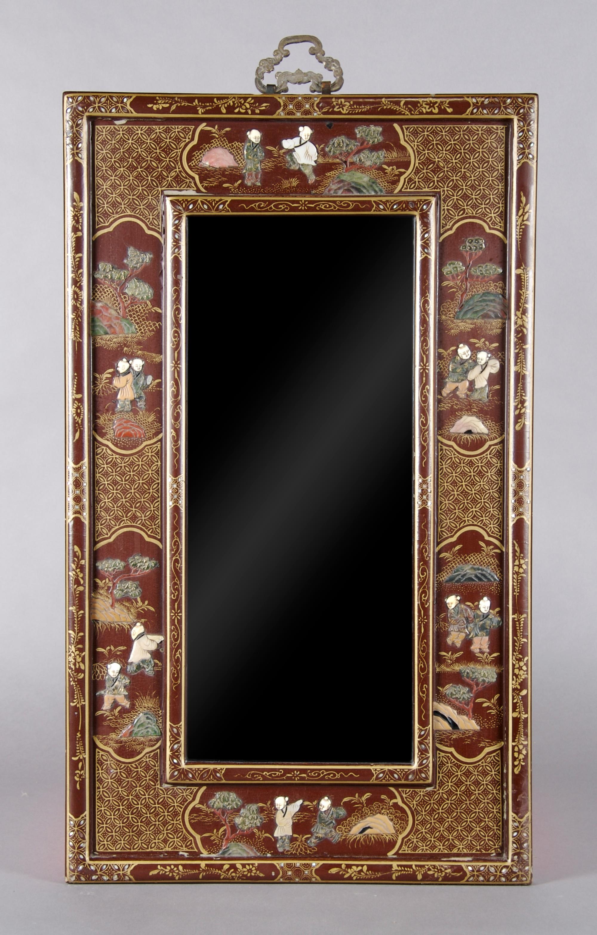 A Chinese Lacquered and Mother-of-Pearl Inset Mirror, Height 26 1/2 x width 15 3/4 inches.