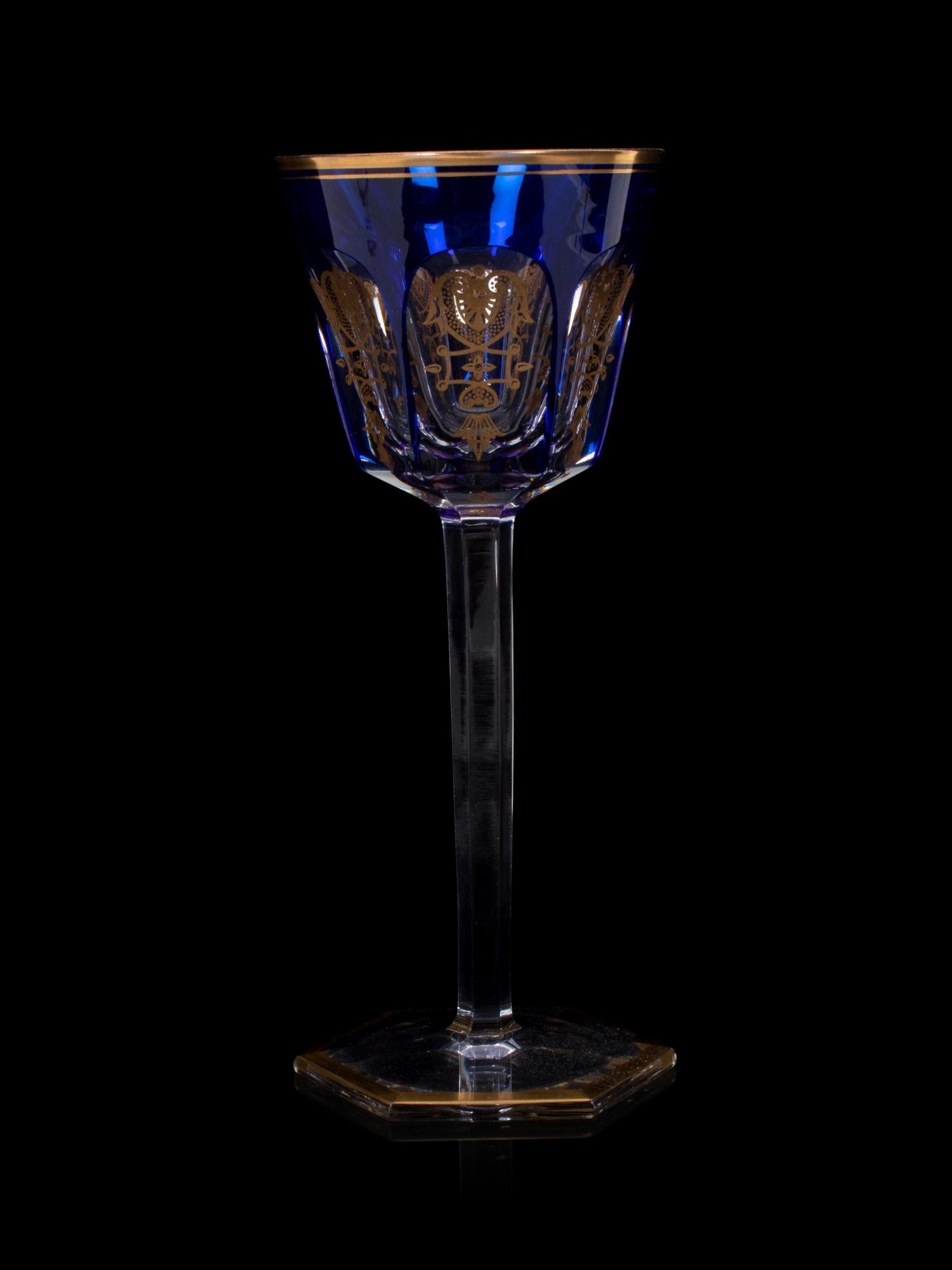 A Set of Fourteen Baccarat Cobalt and Gilt Decorated Hock Wine Glasses