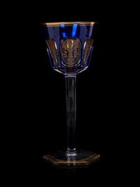 A Set of Fourteen Baccarat Cobalt and Gilt Decorated Hock Wine Glasses