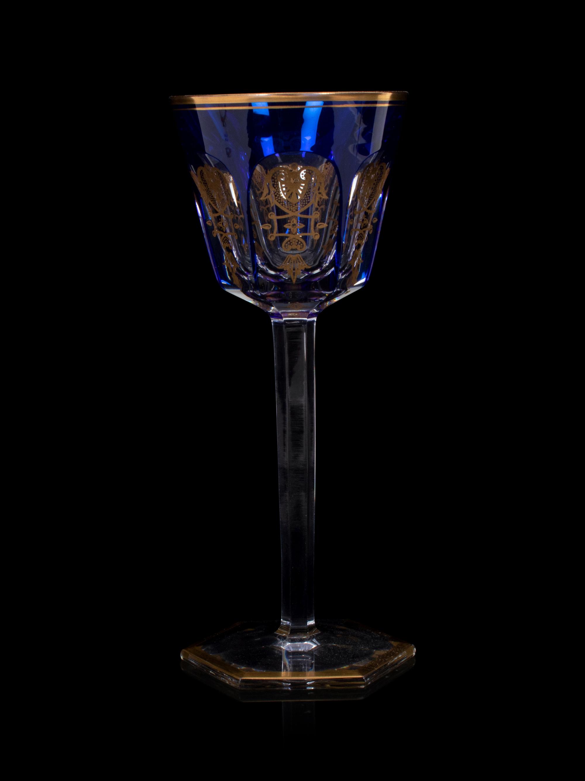 A Set of Fourteen Baccarat Cobalt and Gilt Decorated Hock Wine Glasses