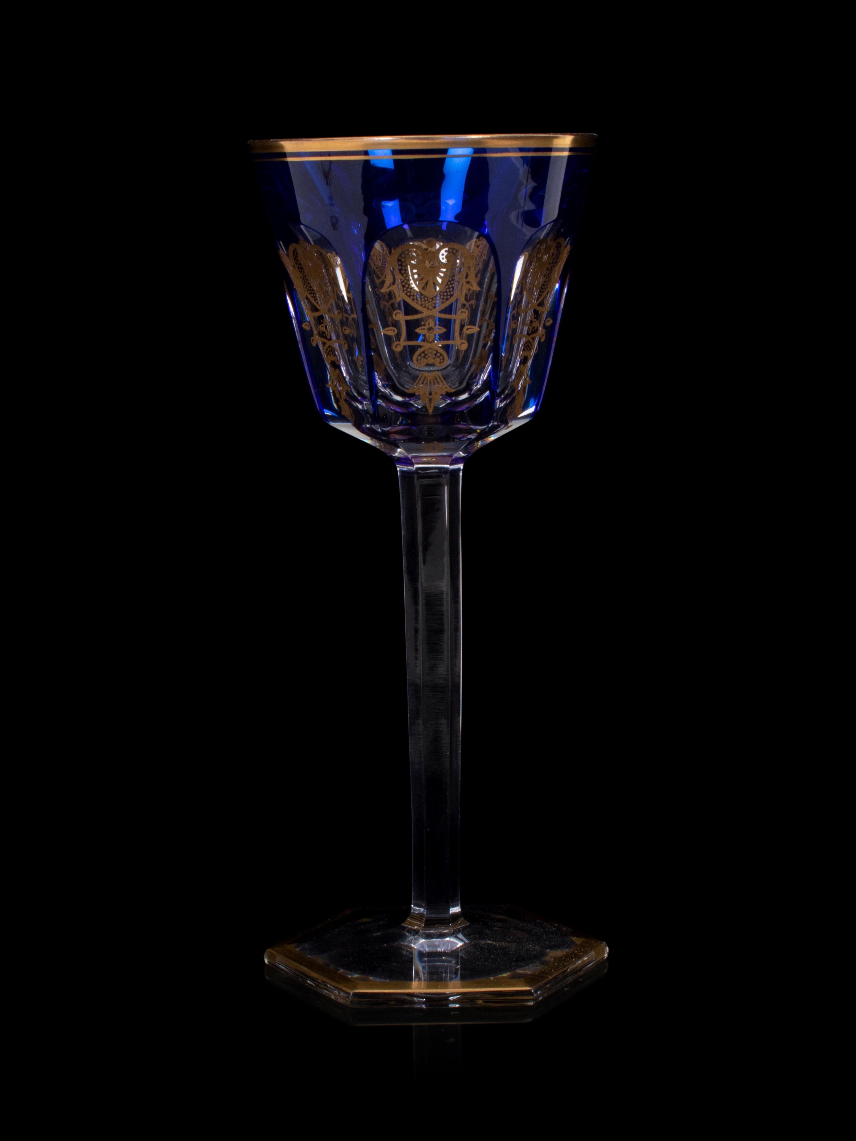 A Set of Fourteen Baccarat Cobalt and Gilt Decorated Hock Wine Glasses