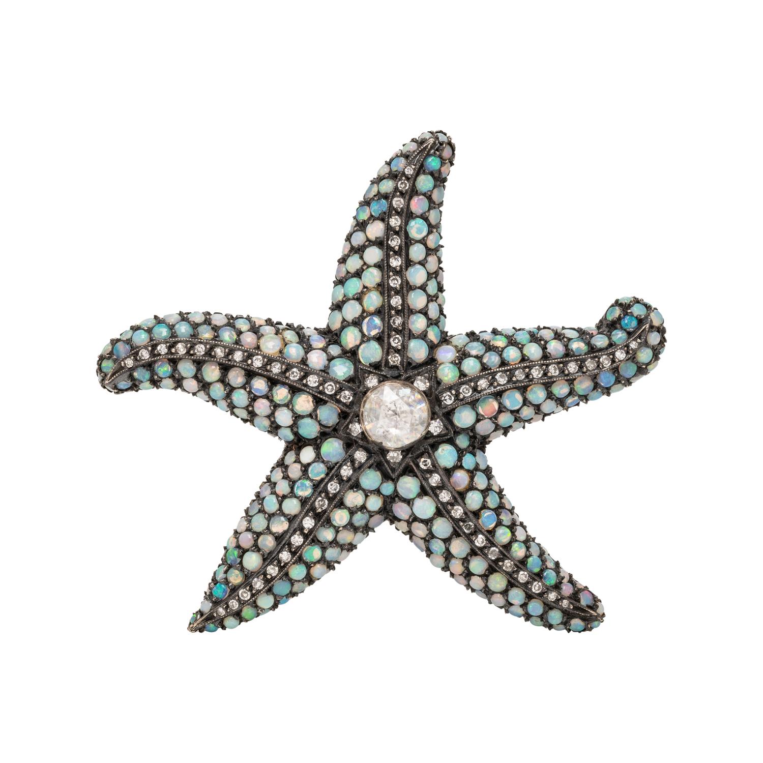 SILVER-TOPPED GOLD, OPAL AND DIAMOND STARFISH BROOCH