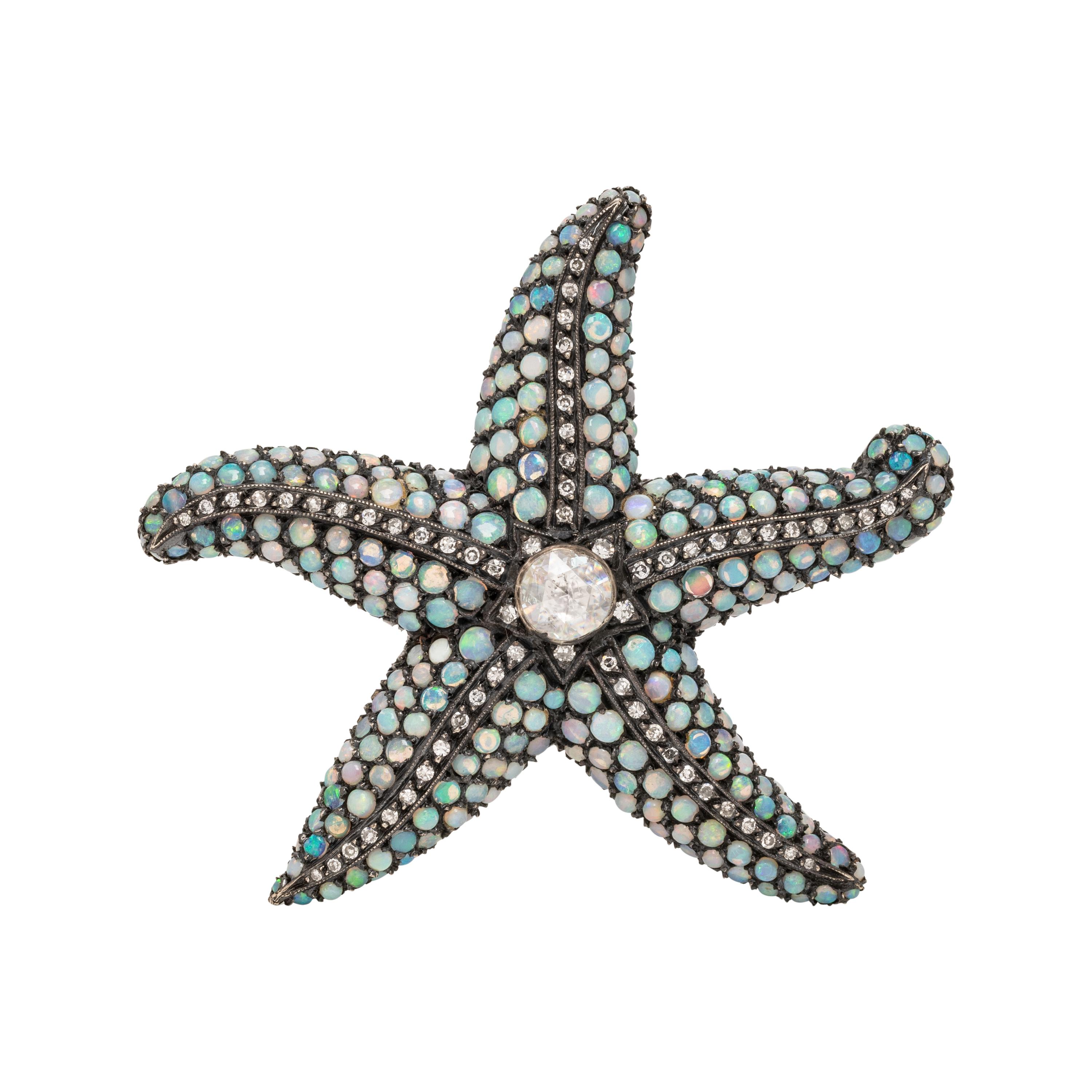 SILVER-TOPPED GOLD, OPAL AND DIAMOND STARFISH BROOCH