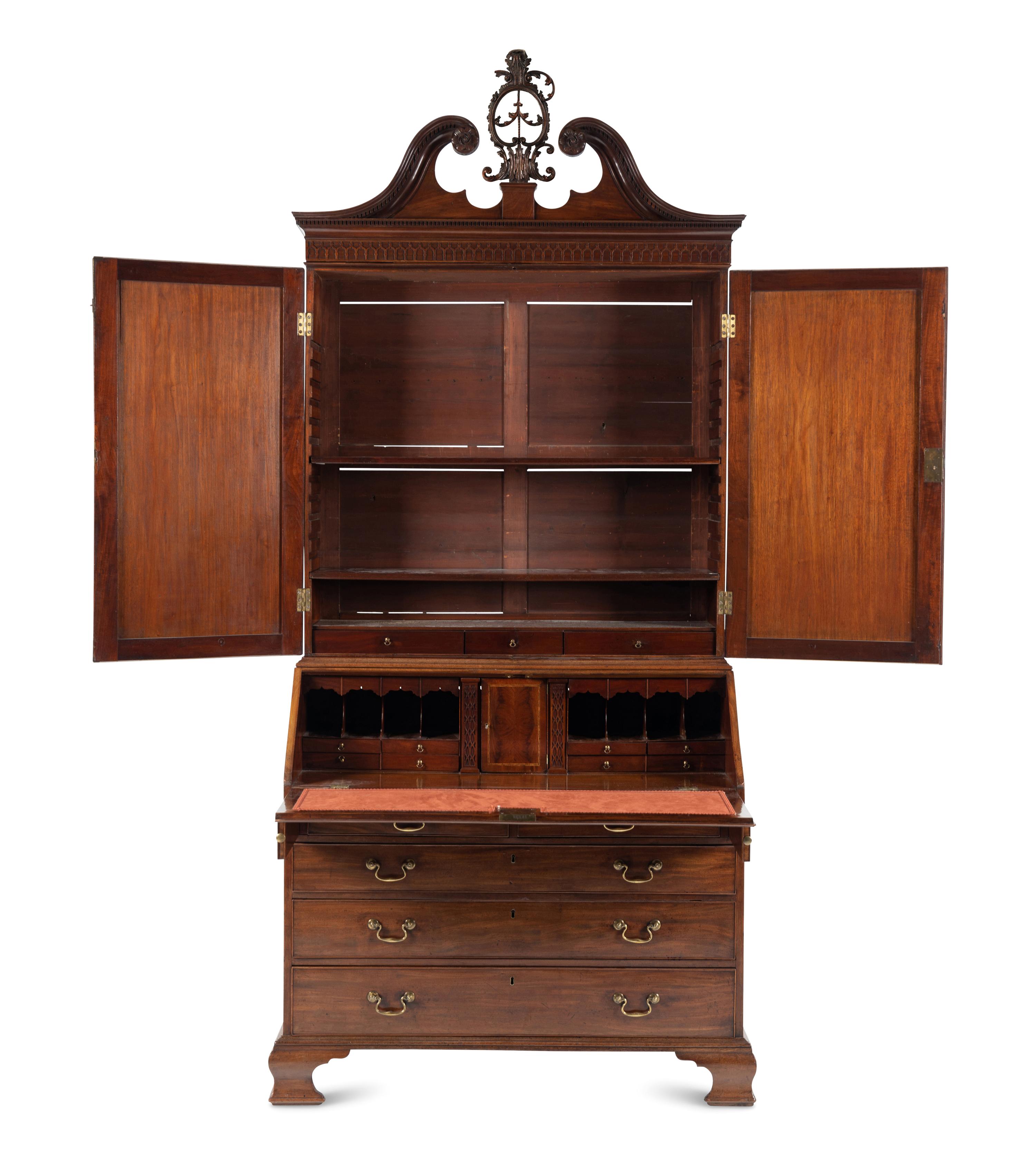 A George III Mahogany and Boxwood Slant-Front Bureau Cabinet