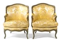 A Pair of Louis XV Green Painted Bergeres en Gondole Height 34 inches. — 18TH CENTURY