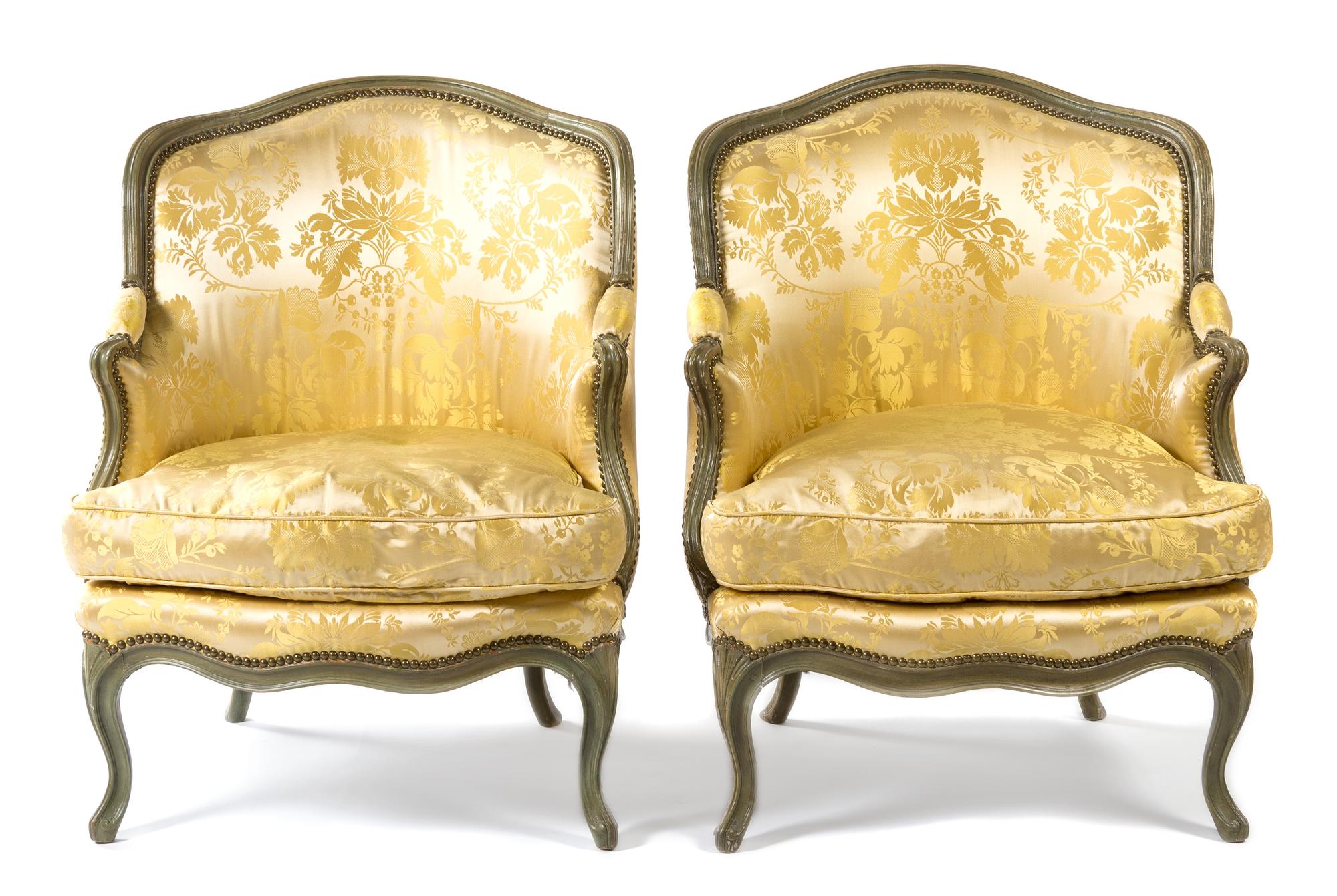 A Pair of Louis XV Green Painted Bergeres en Gondole Height 34 inches. — 18TH CENTURY