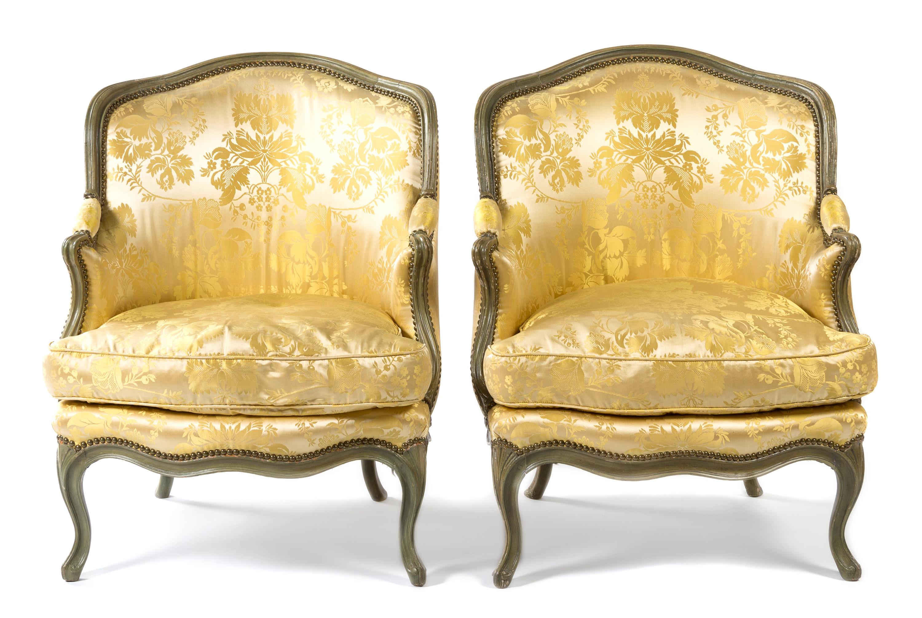 A Pair of Louis XV Green Painted Bergeres en Gondole Height 34 inches. — 18TH CENTURY