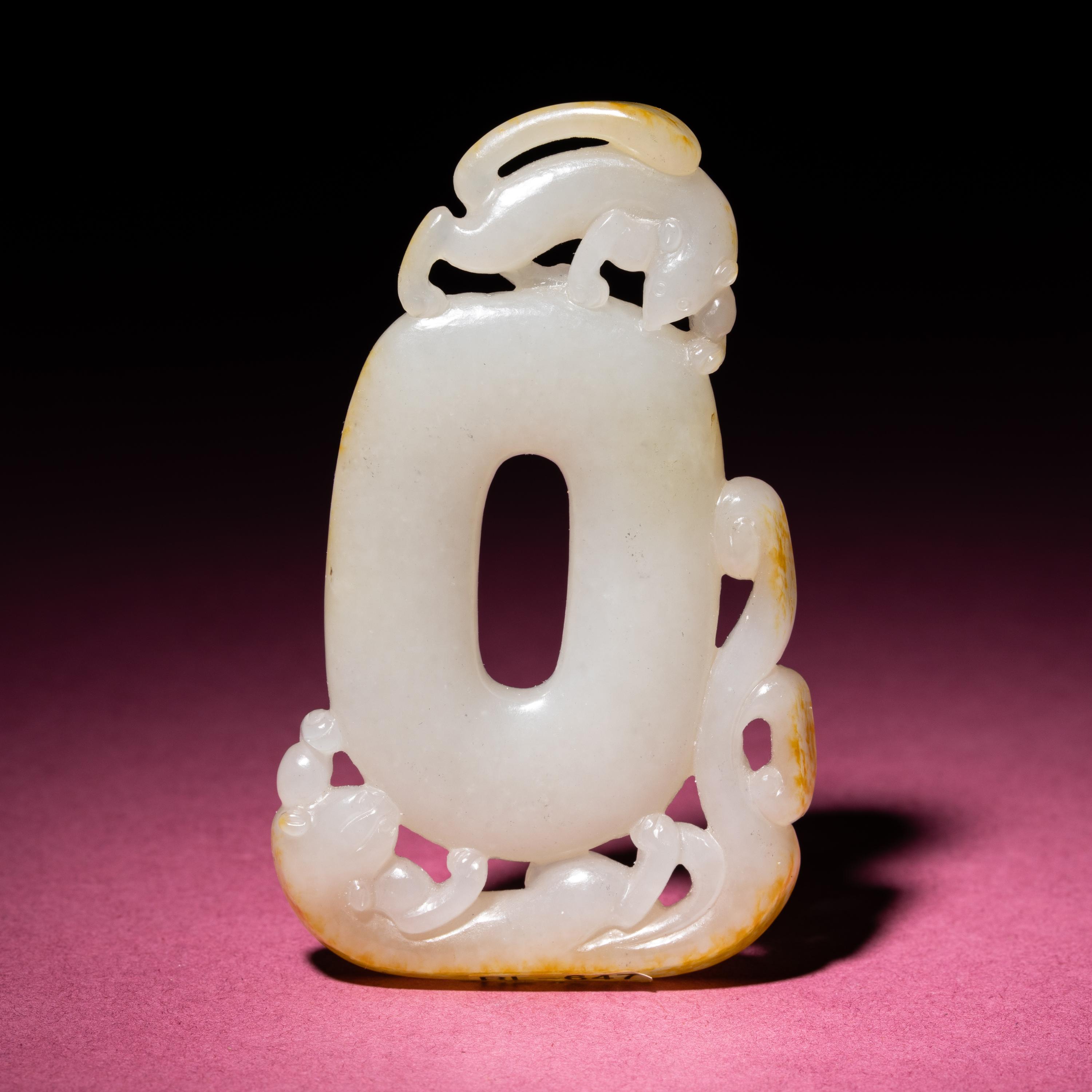 A Chinese Russet and White Jade 'Chilong' Pendant, 18th/19th Century — 清中期 白玉留皮螭龍紋佩