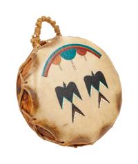 Painted Hide Drum, with Water Birds