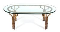 A Modern Gilt Metal Faux-Bamboo Glass Top Table Height 16 1/4 x width 44 x depth 28 inches. — 20TH CENTURY