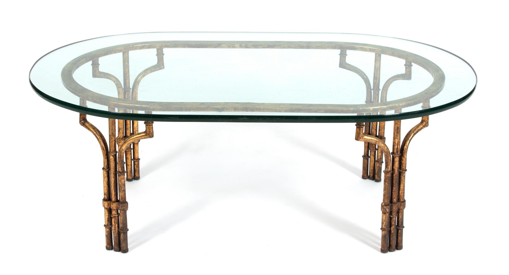 A Modern Gilt Metal Faux-Bamboo Glass Top Table Height 16 1/4 x width 44 x depth 28 inches. — 20TH CENTURY