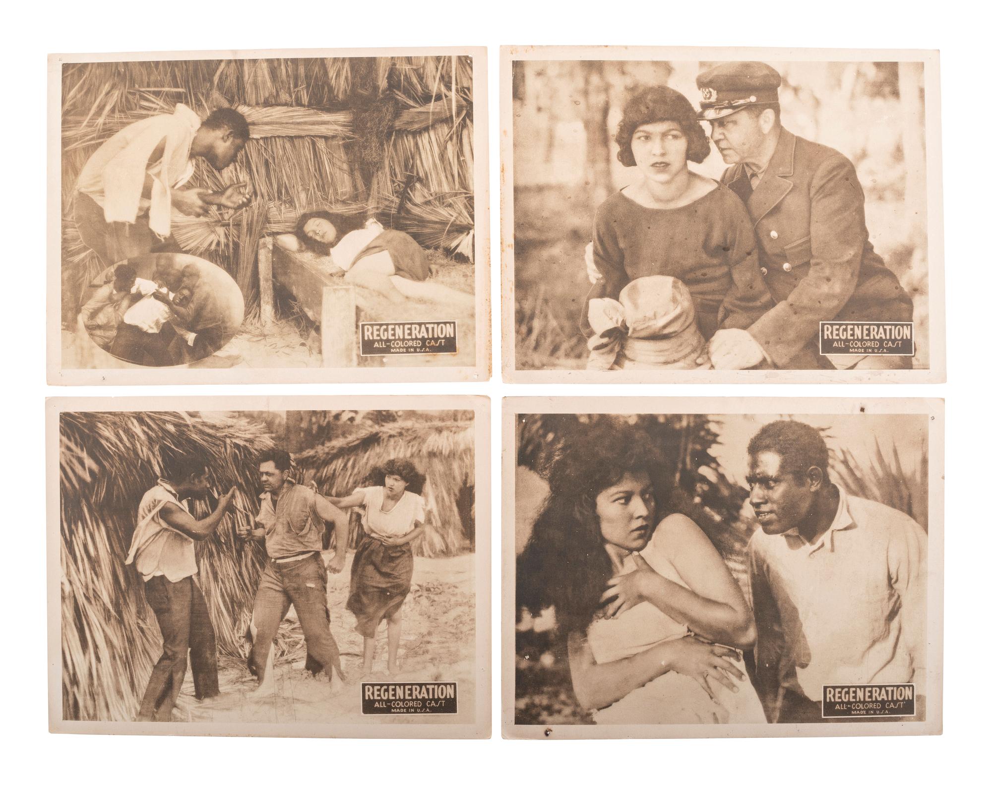 [FILM]. A group of 8 lobby cards illustrating scenes from Regeneration , a race film featuring an "All Colored Cast." Jacksonville, FL: Norman Film Mfg. Co., 1923.