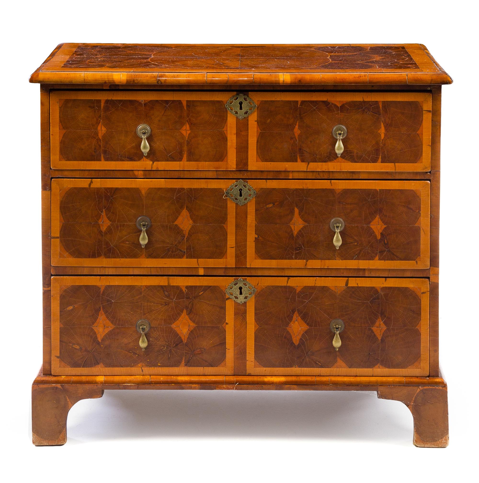 A William and Mary Oysterwood Chest of Drawers Height 33 1/2 x width 37 x depth 18 1/2 inches. — EARLY 18TH CENTURY