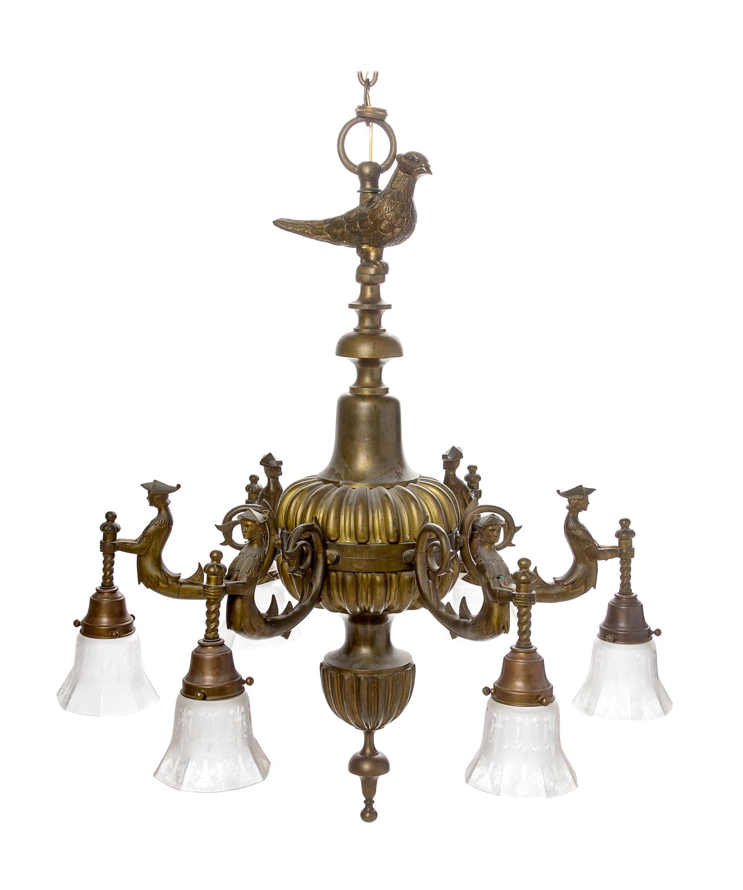 A Continental Brass Six-Light Chandelier