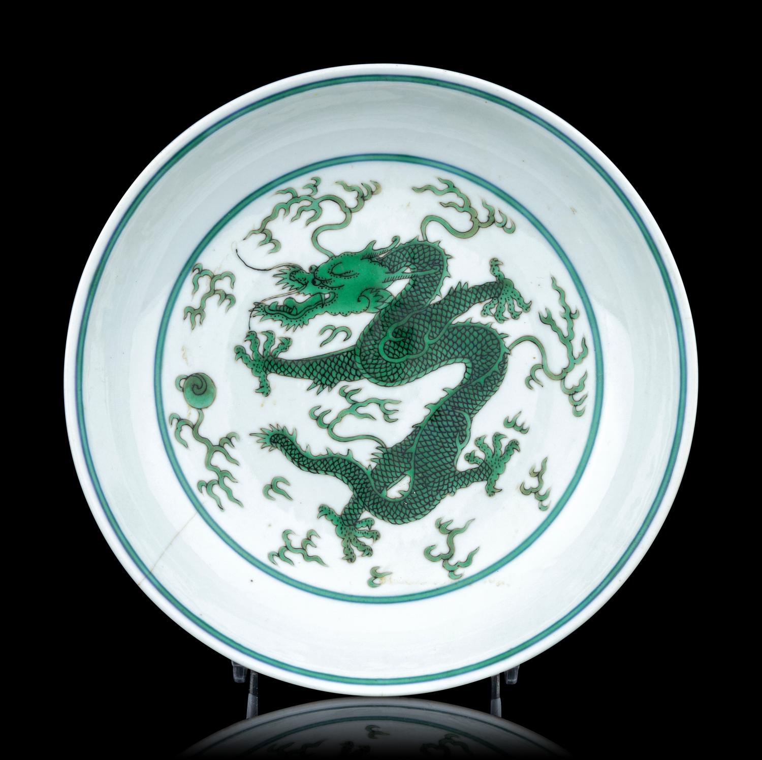 A Green Enameled Porcelain 'Dragon' Dish