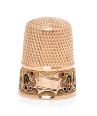 An American 14-Karat Gold and Enamel Thimble, Simons Bros., Philadelphia, PA, the knurled top and body above a polychrome enamel floral