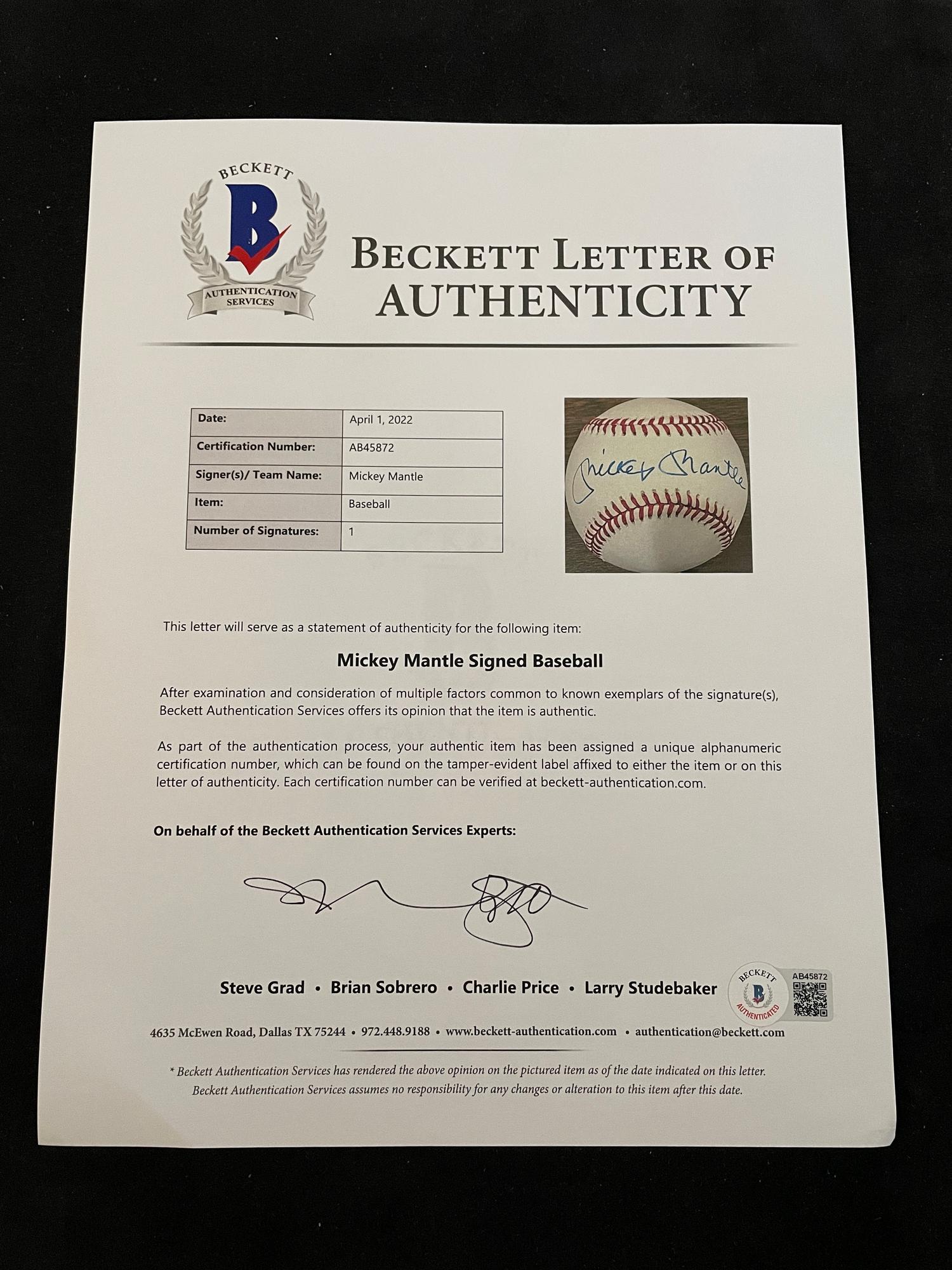 A Mickey Mantle Signed Autograph Baseball (Beckett Authentication Services Letter BAS Certified),