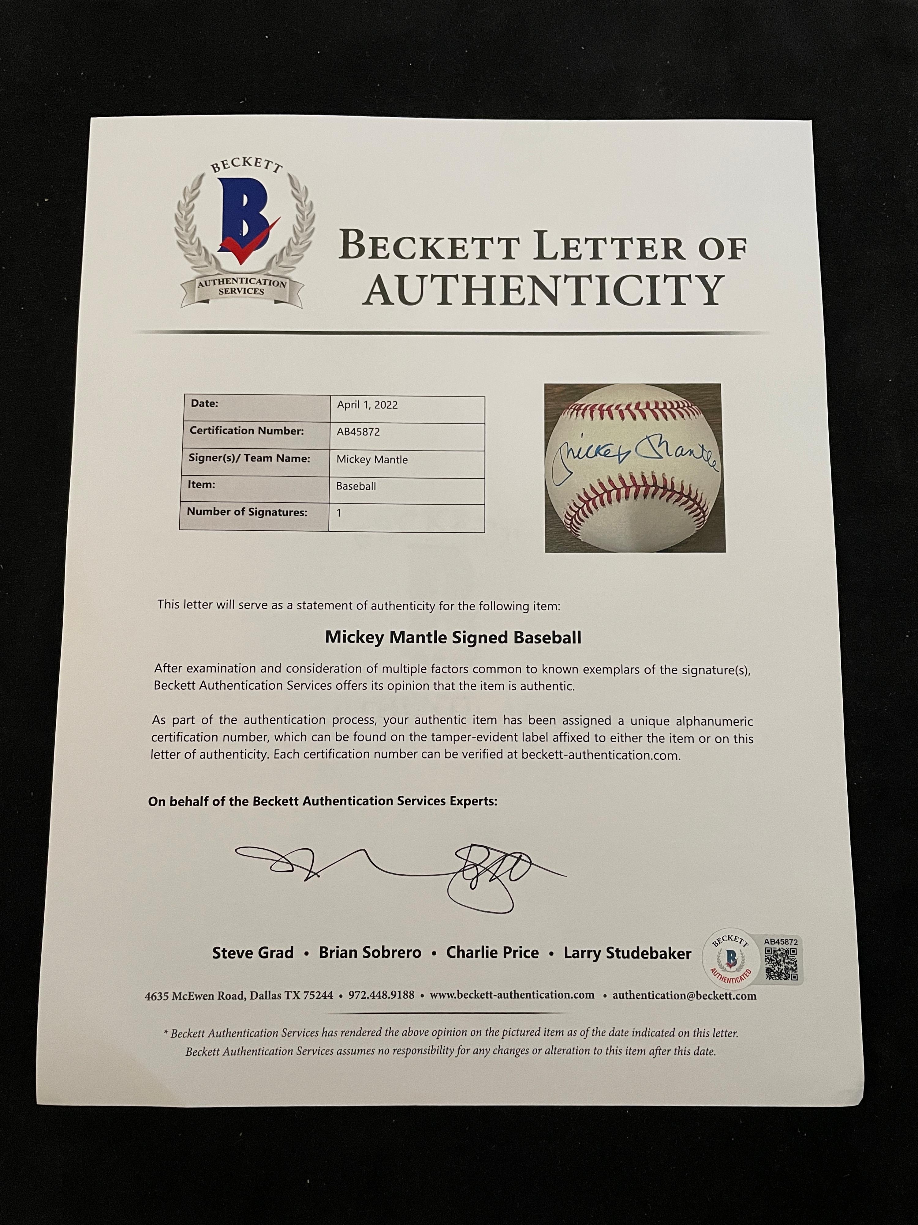 A Mickey Mantle Signed Autograph Baseball (Beckett Authentication Services Letter BAS Certified),