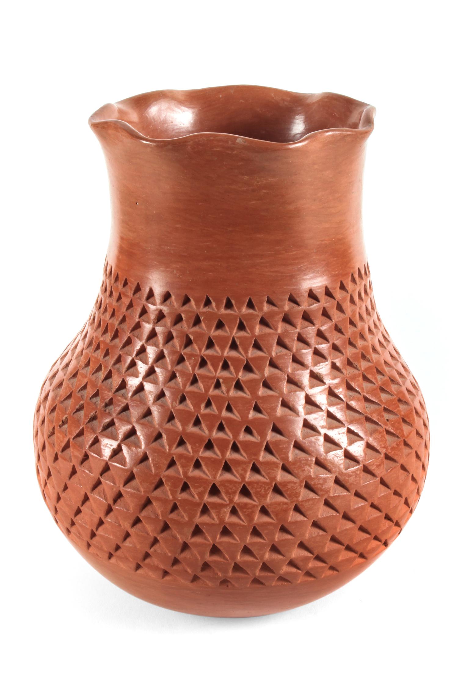 Garnet Pavatea (Hopi, 1915-1981) Corrugated Redware Jar Height 7 1/2 x diameter 5 inches